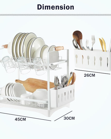 CARLA HOME 2-Tier Large Dish Drying Rack with Drainboard, Utensil Holder, Glass Hooks & Cutlery Storage (White)-1992735296420188162