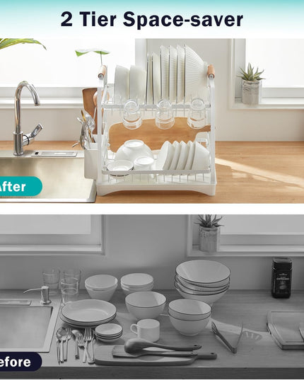 CARLA HOME 2-Tier Large Dish Drying Rack with Drainboard, Utensil Holder, Glass Hooks & Cutlery Storage (White)-1992735296420188163