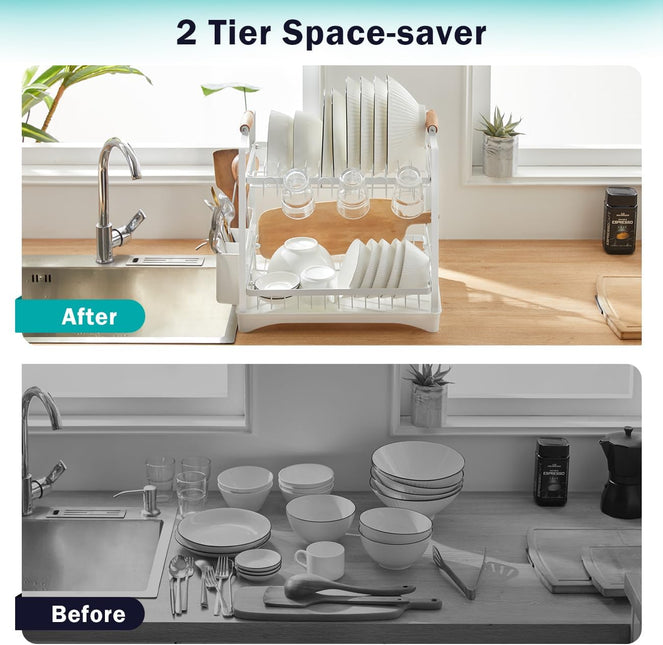 CARLA HOME 2-Tier Large Dish Drying Rack with Drainboard, Utensil Holder, Glass Hooks & Cutlery Storage (White)-1992735296420188163