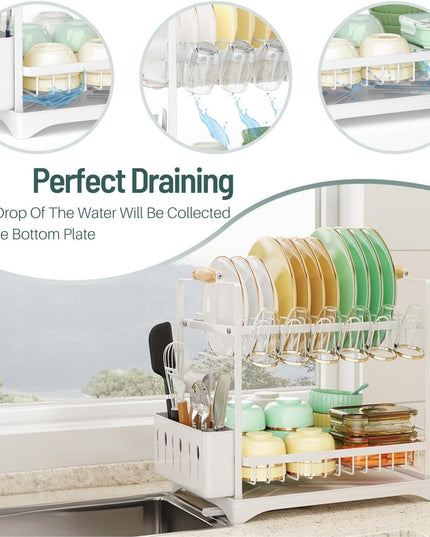 CARLA HOME 2-Tier Large Dish Drying Rack with Drainboard, Utensil Holder, Glass Hooks & Cutlery Storage (White)-1992735296420188164