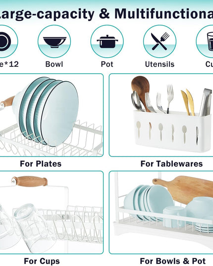 CARLA HOME 2-Tier Large Dish Drying Rack with Drainboard, Utensil Holder, Glass Hooks & Cutlery Storage (White)-1992735296420188165