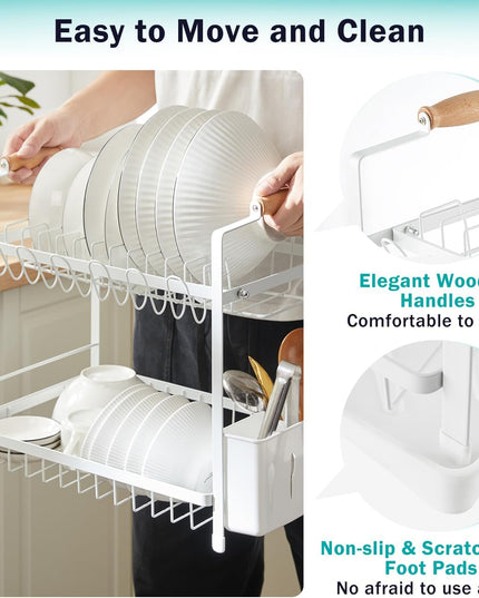 CARLA HOME 2-Tier Large Dish Drying Rack with Drainboard, Utensil Holder, Glass Hooks & Cutlery Storage (White)-1992735296420188167