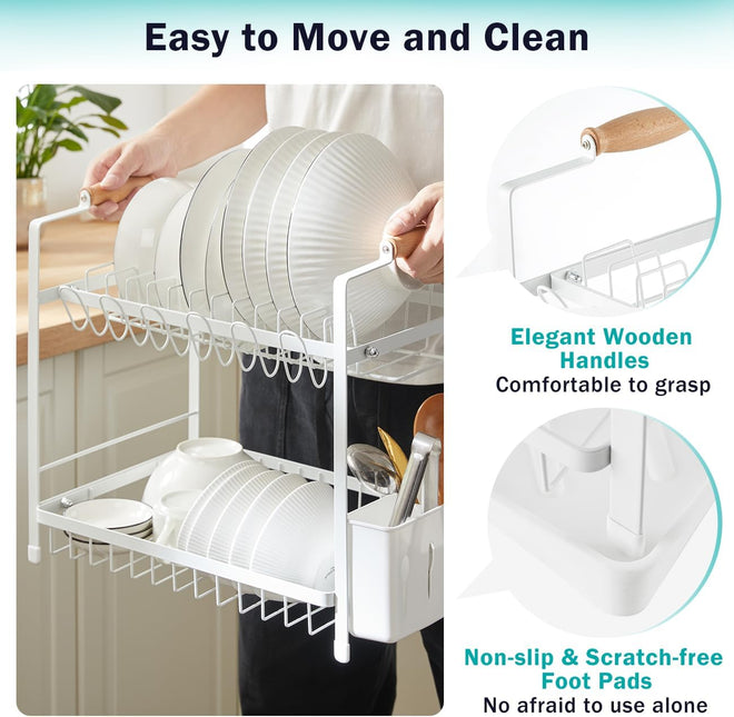 CARLA HOME 2-Tier Large Dish Drying Rack with Drainboard, Utensil Holder, Glass Hooks & Cutlery Storage (White)-1992735296420188167
