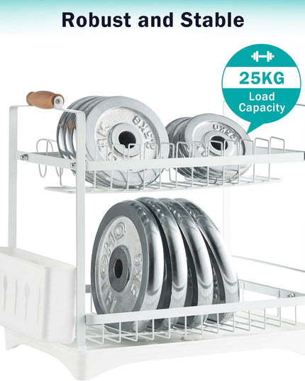 CARLA HOME 2-Tier Large Dish Drying Rack with Drainboard, Utensil Holder, Glass Hooks & Cutlery Storage (White)-1992735296420188168