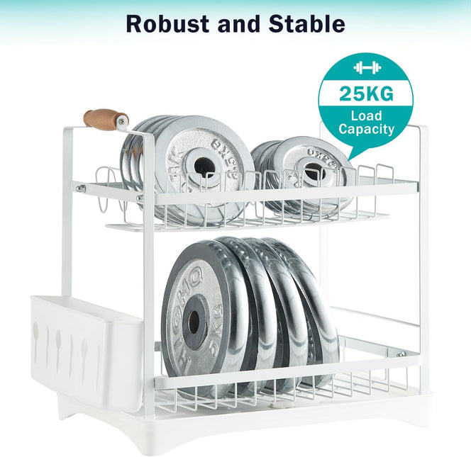 CARLA HOME 2-Tier Large Dish Drying Rack with Drainboard, Utensil Holder, Glass Hooks & Cutlery Storage (White)-1992735296420188168