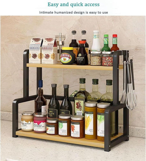CARLA HOME 2-Tier Wooden Kitchen Countertop Spice Rack for Storage of Condiments, Oils, Jars & Seasoning Bottles-1992735296944476164