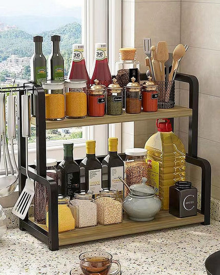 CARLA HOME 2-Tier Wooden Kitchen Countertop Spice Rack for Storage of Condiments, Oils, Jars & Seasoning Bottles-1992735296944476167