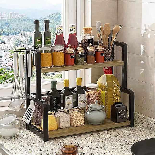 CARLA HOME 2-Tier Wooden Kitchen Countertop Spice Rack for Storage of Condiments, Oils, Jars & Seasoning Bottles-1992735296944476167