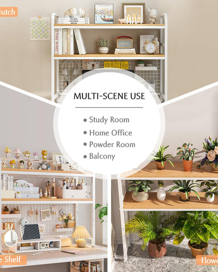 CARLA HOME  2-Tier Metal Desktop Hutch Bookshelf with Grid Panel for Computer Desk and Office Countertop-1992735283170381825