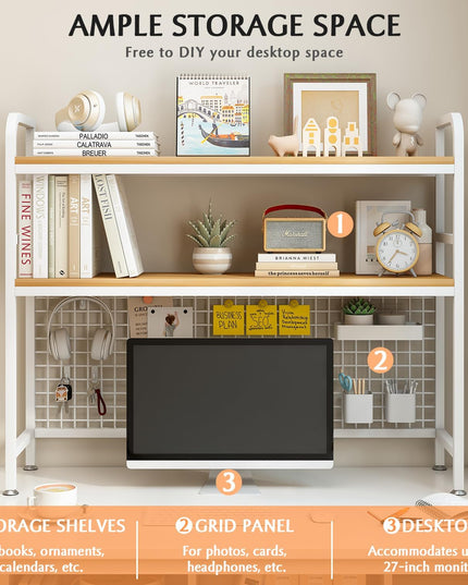 CARLA HOME  2-Tier Metal Desktop Hutch Bookshelf with Grid Panel for Computer Desk and Office Countertop-1992735283170381826