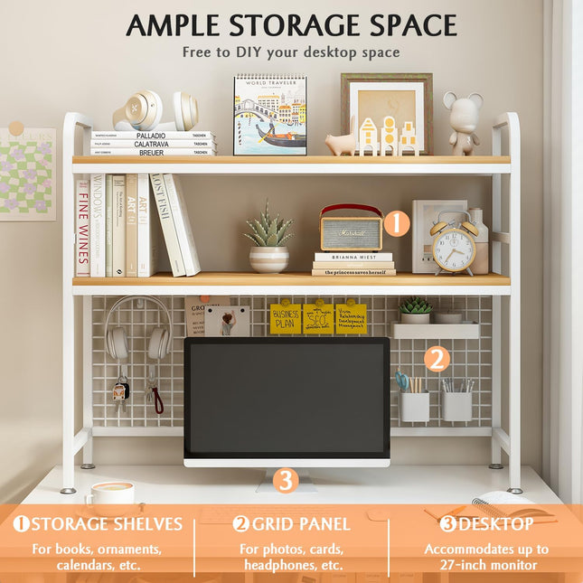 CARLA HOME  2-Tier Metal Desktop Hutch Bookshelf with Grid Panel for Computer Desk and Office Countertop-1992735283170381826