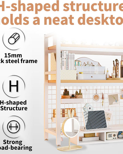 CARLA HOME  2-Tier Metal Desktop Hutch Bookshelf with Grid Panel for Computer Desk and Office Countertop-1992735283170381829