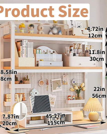 CARLA HOME  2-Tier Metal Desktop Hutch Bookshelf with Grid Panel for Computer Desk and Office Countertop-1992735283170381831