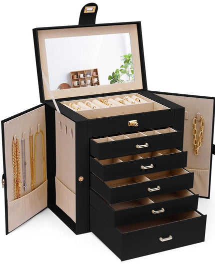 CARLA HOME 6-Layer Large Jewelry Box for Women with Drawers, Mirror, Lock, Necklace Hooks & Side Compartments for Rings, Earrings, Bracelets, Gifts (Black)-1992735297993052160