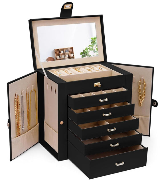 CARLA HOME 6-Layer Large Jewelry Box for Women with Drawers, Mirror, Lock, Necklace Hooks & Side Compartments for Rings, Earrings, Bracelets, Gifts (Black)-1992735297993052160