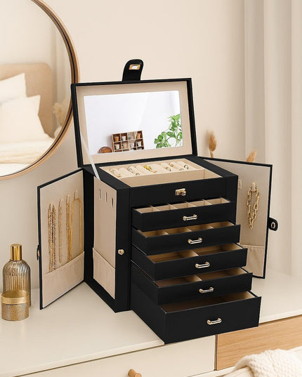 CARLA HOME 6-Layer Large Jewelry Box for Women with Drawers, Mirror, Lock, Necklace Hooks & Side Compartments for Rings, Earrings, Bracelets, Gifts (Black)-1992735297993052161