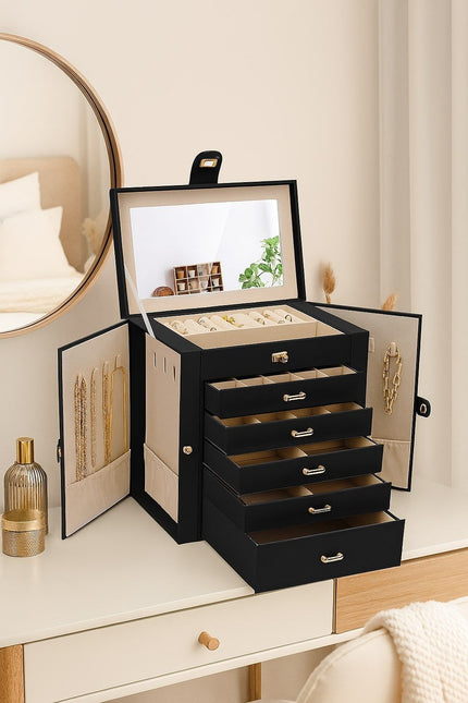 CARLA HOME 6-Layer Large Jewelry Box for Women with Drawers, Mirror, Lock, Necklace Hooks & Side Compartments for Rings, Earrings, Bracelets, Gifts (Black)-1992735297993052161