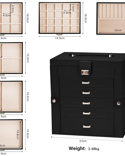 CARLA HOME 6-Layer Large Jewelry Box for Women with Drawers, Mirror, Lock, Necklace Hooks & Side Compartments for Rings, Earrings, Bracelets, Gifts (Black)-1992735297993052162