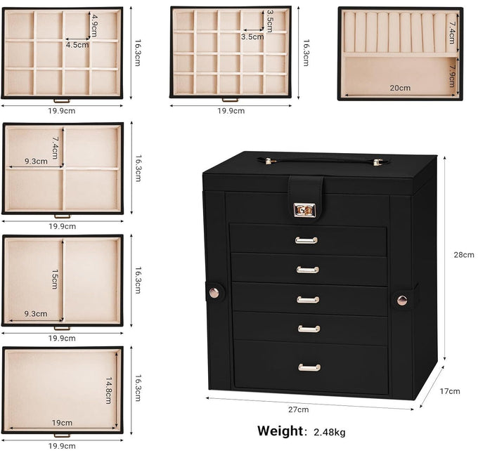 CARLA HOME 6-Layer Large Jewelry Box for Women with Drawers, Mirror, Lock, Necklace Hooks & Side Compartments for Rings, Earrings, Bracelets, Gifts (Black)-1992735297993052162