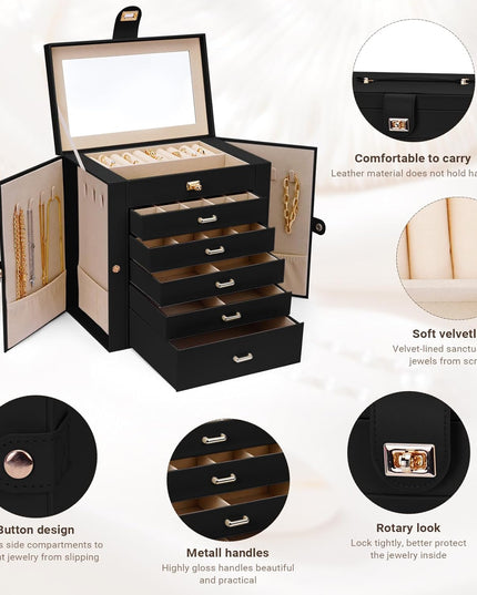 CARLA HOME 6-Layer Large Jewelry Box for Women with Drawers, Mirror, Lock, Necklace Hooks & Side Compartments for Rings, Earrings, Bracelets, Gifts (Black)-1992735297993052164