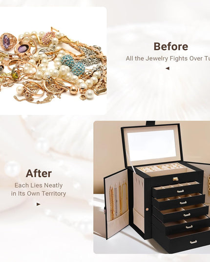 CARLA HOME 6-Layer Large Jewelry Box for Women with Drawers, Mirror, Lock, Necklace Hooks & Side Compartments for Rings, Earrings, Bracelets, Gifts (Black)-1992735297993052165