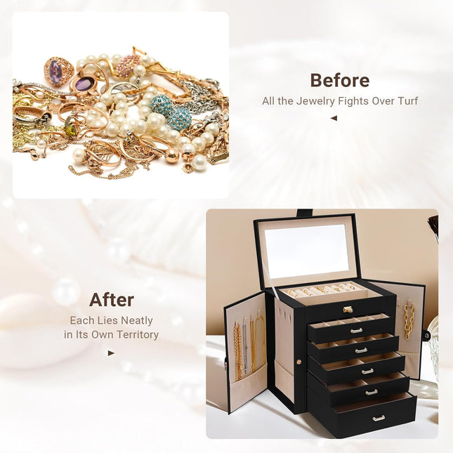 CARLA HOME 6-Layer Large Jewelry Box for Women with Drawers, Mirror, Lock, Necklace Hooks & Side Compartments for Rings, Earrings, Bracelets, Gifts (Black)-1992735297993052165