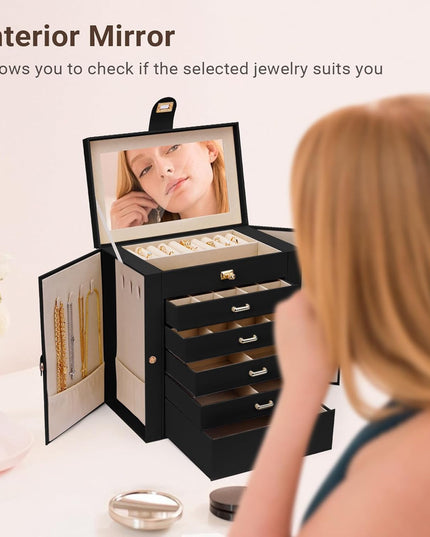 CARLA HOME 6-Layer Large Jewelry Box for Women with Drawers, Mirror, Lock, Necklace Hooks & Side Compartments for Rings, Earrings, Bracelets, Gifts (Black)-1992735297993052166