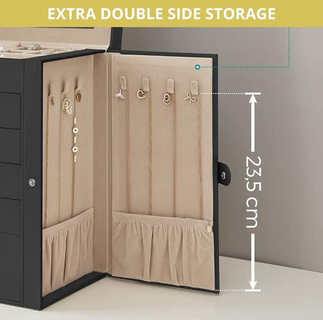CARLA HOME 6-Layer Large Jewelry Box for Women with Drawers, Mirror, Lock, Necklace Hooks & Side Compartments for Rings, Earrings, Bracelets, Gifts (Black)-1992735297993052167