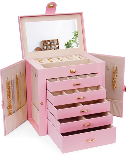 CARLA HOME 6-Layer Large Jewelry Box for Women with Drawers, Mirror, Lock, Necklace Hooks & Side Compartments for Rings, Earrings, Bracelets, Gifts (Pink)-1992735290736906240