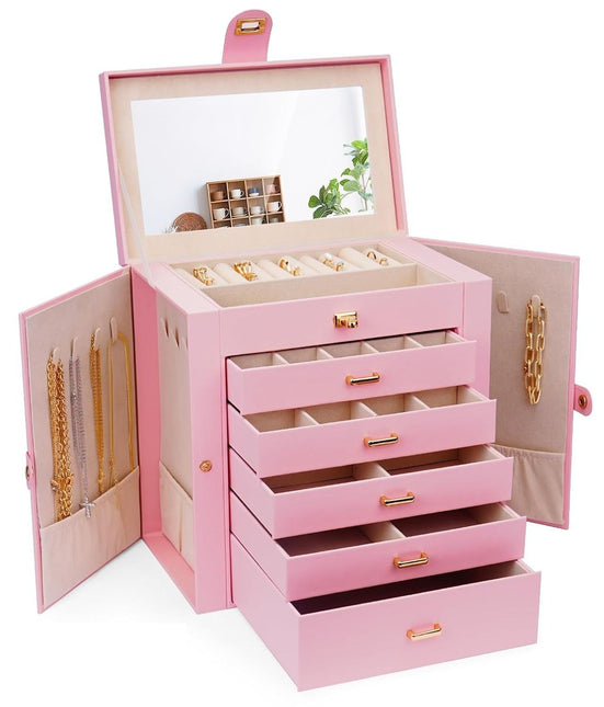 CARLA HOME 6-Layer Large Jewelry Box for Women with Drawers, Mirror, Lock, Necklace Hooks & Side Compartments for Rings, Earrings, Bracelets, Gifts (Pink)-1992735290736906240