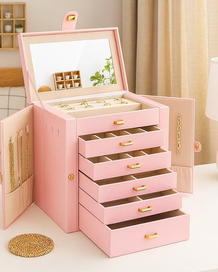 CARLA HOME 6-Layer Large Jewelry Box for Women with Drawers, Mirror, Lock, Necklace Hooks & Side Compartments for Rings, Earrings, Bracelets, Gifts (Pink)-1992735290736906241