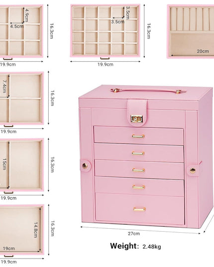 CARLA HOME 6-Layer Large Jewelry Box for Women with Drawers, Mirror, Lock, Necklace Hooks & Side Compartments for Rings, Earrings, Bracelets, Gifts (Pink)-1992735290736906242