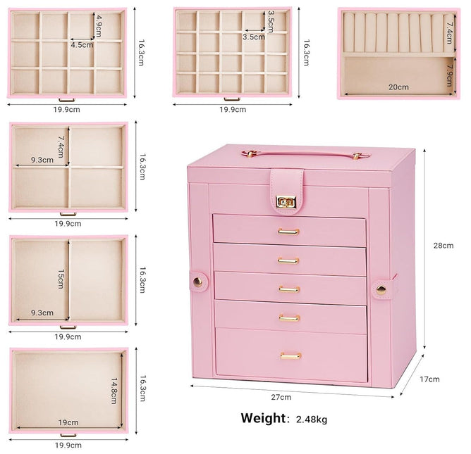 CARLA HOME 6-Layer Large Jewelry Box for Women with Drawers, Mirror, Lock, Necklace Hooks & Side Compartments for Rings, Earrings, Bracelets, Gifts (Pink)-1992735290736906242