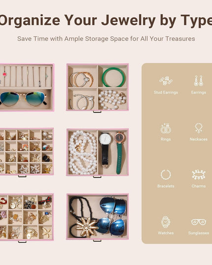 CARLA HOME 6-Layer Large Jewelry Box for Women with Drawers, Mirror, Lock, Necklace Hooks & Side Compartments for Rings, Earrings, Bracelets, Gifts (Pink)-1992735290736906243