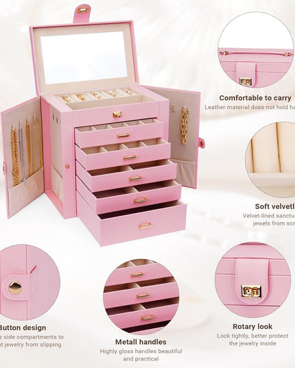 CARLA HOME 6-Layer Large Jewelry Box for Women with Drawers, Mirror, Lock, Necklace Hooks & Side Compartments for Rings, Earrings, Bracelets, Gifts (Pink)-1992735290736906244