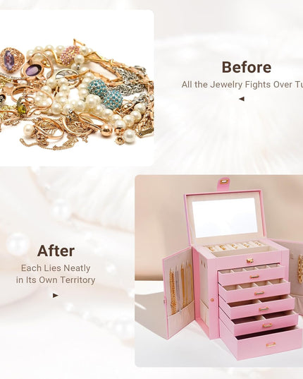 CARLA HOME 6-Layer Large Jewelry Box for Women with Drawers, Mirror, Lock, Necklace Hooks & Side Compartments for Rings, Earrings, Bracelets, Gifts (Pink)-1992735290736906245