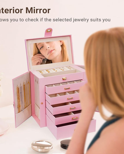 CARLA HOME 6-Layer Large Jewelry Box for Women with Drawers, Mirror, Lock, Necklace Hooks & Side Compartments for Rings, Earrings, Bracelets, Gifts (Pink)-1992735290736906246