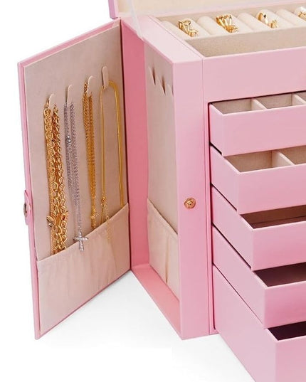 CARLA HOME 6-Layer Large Jewelry Box for Women with Drawers, Mirror, Lock, Necklace Hooks & Side Compartments for Rings, Earrings, Bracelets, Gifts (Pink)-1992735290736906247