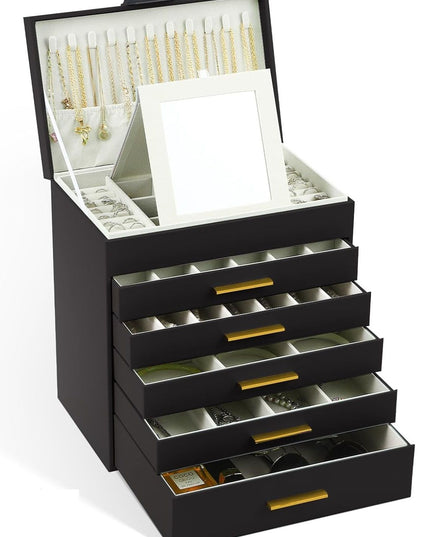 CARLA HOME  6-Layer Large Jewelry Organizer Box for Women with Mirror, Drawers, Hooks & Dividers for Rings, Necklaces, Bracelets, Ideal Gift for Women (Black)-1992735298160824320