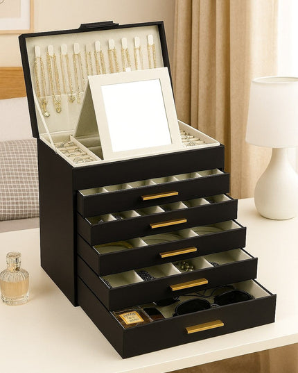 CARLA HOME  6-Layer Large Jewelry Organizer Box for Women with Mirror, Drawers, Hooks & Dividers for Rings, Necklaces, Bracelets, Ideal Gift for Women (Black)-1992735298160824321