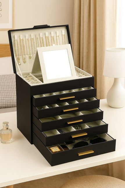 CARLA HOME  6-Layer Large Jewelry Organizer Box for Women with Mirror, Drawers, Hooks & Dividers for Rings, Necklaces, Bracelets, Ideal Gift for Women (Black)-1992735298160824321