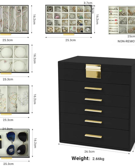 CARLA HOME  6-Layer Large Jewelry Organizer Box for Women with Mirror, Drawers, Hooks & Dividers for Rings, Necklaces, Bracelets, Ideal Gift for Women (Black)-1992735298160824322