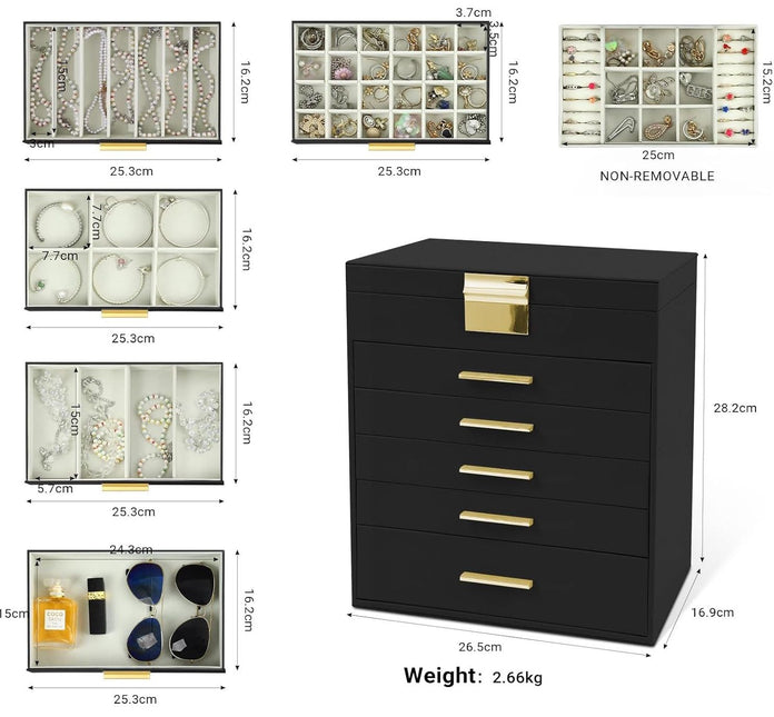 CARLA HOME  6-Layer Large Jewelry Organizer Box for Women with Mirror, Drawers, Hooks & Dividers for Rings, Necklaces, Bracelets, Ideal Gift for Women (Black)-1992735298160824322