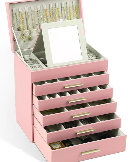 CARLA HOME  6-Layer Large Jewelry Organizer Box for Women with Mirror, Drawers, Hooks & Dividers for Rings, Necklaces, Bracelets, Ideal Gift for Women (Pink)-1992735292494319616