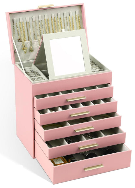 CARLA HOME  6-Layer Large Jewelry Organizer Box for Women with Mirror, Drawers, Hooks & Dividers for Rings, Necklaces, Bracelets, Ideal Gift for Women (Pink)-1992735292494319616