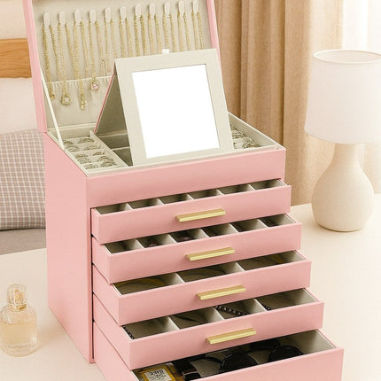 CARLA HOME  6-Layer Large Jewelry Organizer Box for Women with Mirror, Drawers, Hooks & Dividers for Rings, Necklaces, Bracelets, Ideal Gift for Women (Pink)-1992735292494319617