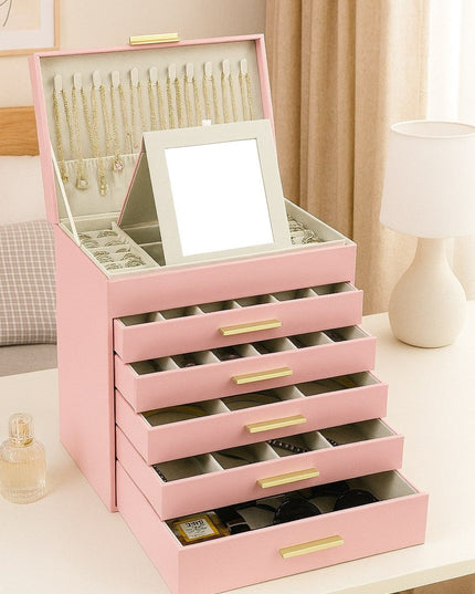 CARLA HOME  6-Layer Large Jewelry Organizer Box for Women with Mirror, Drawers, Hooks & Dividers for Rings, Necklaces, Bracelets, Ideal Gift for Women (Pink)-1992735292494319617