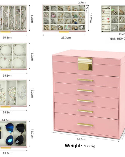 CARLA HOME  6-Layer Large Jewelry Organizer Box for Women with Mirror, Drawers, Hooks & Dividers for Rings, Necklaces, Bracelets, Ideal Gift for Women (Pink)-1992735292494319618