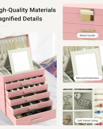 CARLA HOME  6-Layer Large Jewelry Organizer Box for Women with Mirror, Drawers, Hooks & Dividers for Rings, Necklaces, Bracelets, Ideal Gift for Women (Pink)-1992735292494319619
