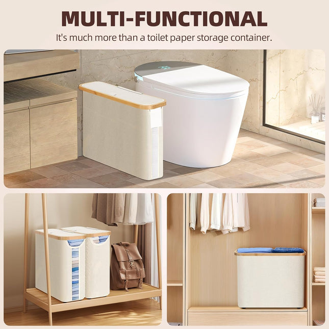 CARLA HOME 2 Pack Toilet Paper Storage Basket Holds Up to 12 Rolls with Bamboo Lid and Handle for RV Closet (White)-1978962263985491975